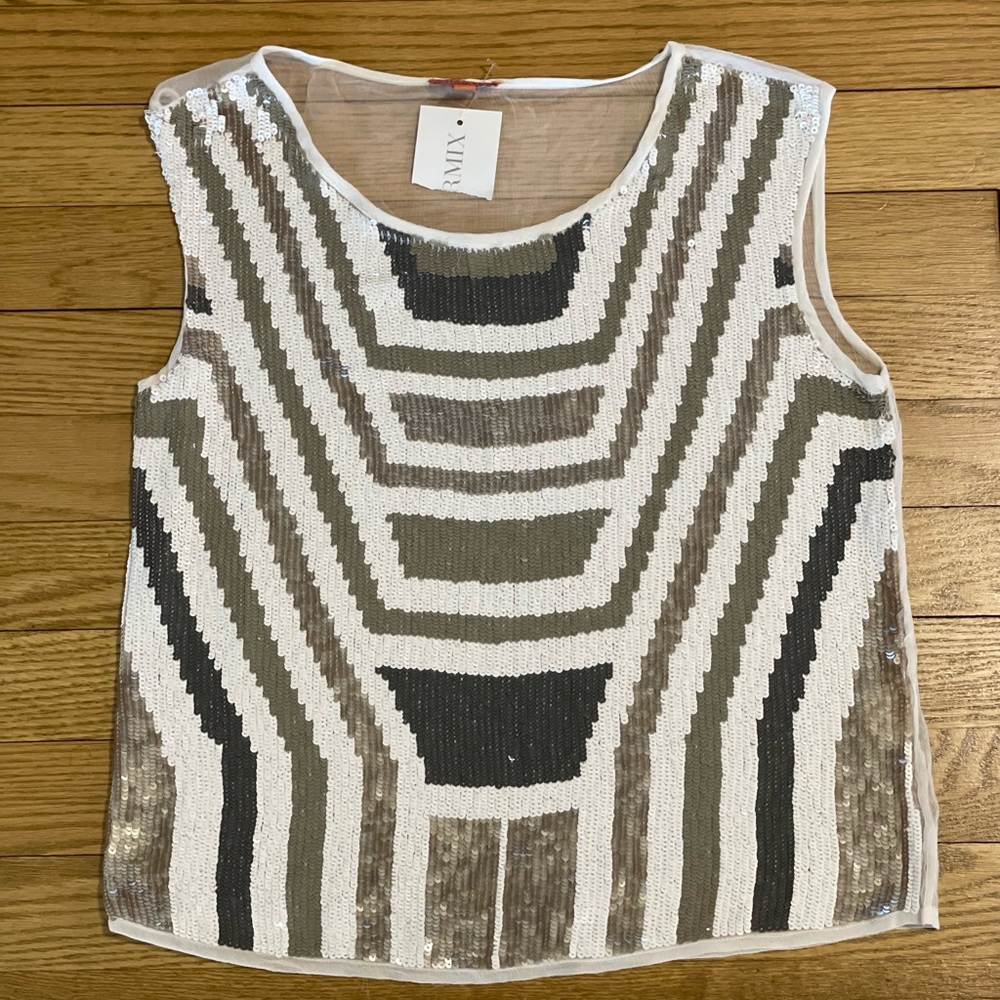 NWT - CHAN LUU Sequined Art Deco Sleeveless Earthy Tones Sheer Back Crop Top